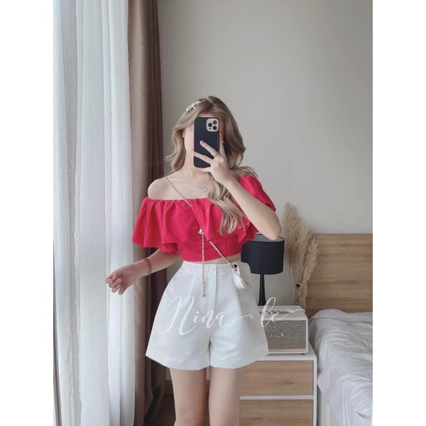 Set áo croptop hồng cánh sen bẹt/hở/trễ vai kèm quần short ngắn trắng, bộ thời trang hot girl đi chơi dạo phố dễ thương