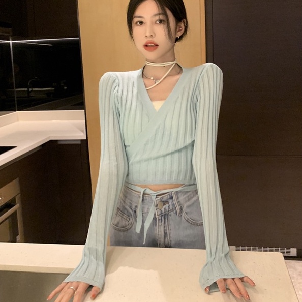 Áo Khoác Cardigan Dệt Kim Tay Dài Cổ Chữ V Dáng Ngắn Thời Trang Trẻ Trung