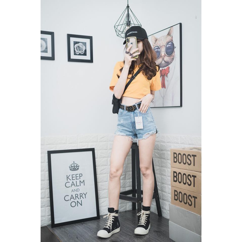QUẦN SHORT JEAN NỮ RÁCH 2 BÊN CÀO TƯA XANH NHẠT GG02