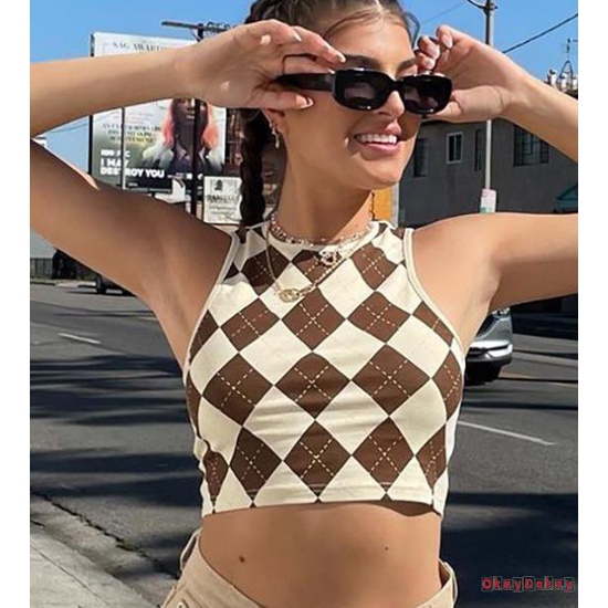 Áo Croptop Không Tay Cổ Tròn In Họa Tiết Dễ Thương Dành Cho Nữ