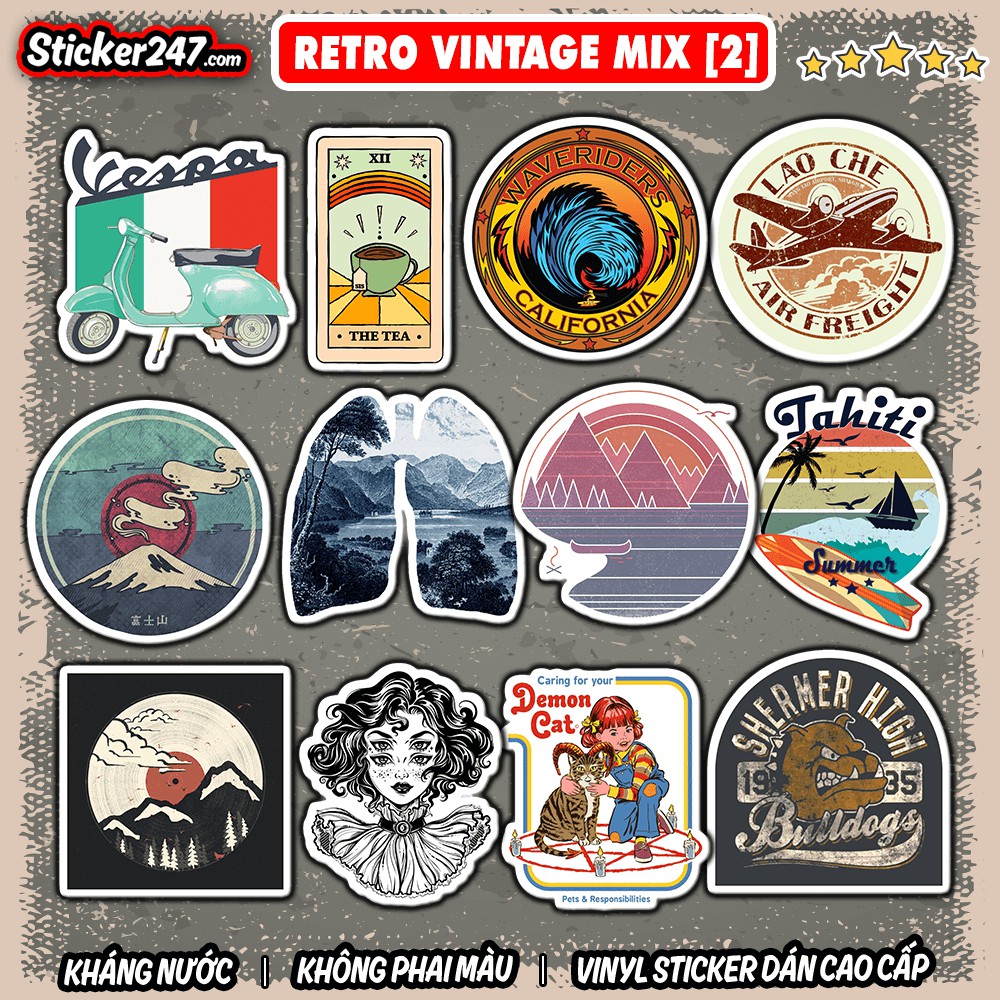 Sticker Retro Vintage Mix chủ đề [2] 𝑭𝒓𝒆𝒆𝒔𝒉𝒊𝒑 chống nước, hình decal dán laptop, ipad, mũ bảo hiểm,vali, guitar, ipad