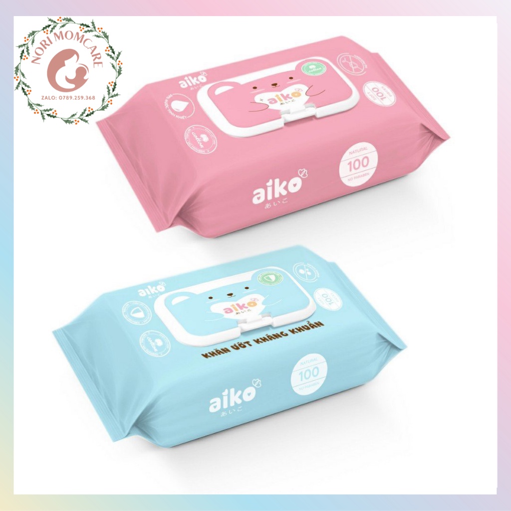 Khăn ướt Aiko kháng khuẩn chính hãng 100 tờ không mùi chống hăm, chống rôm sảy, dưỡng ẩm an toàn cho bé