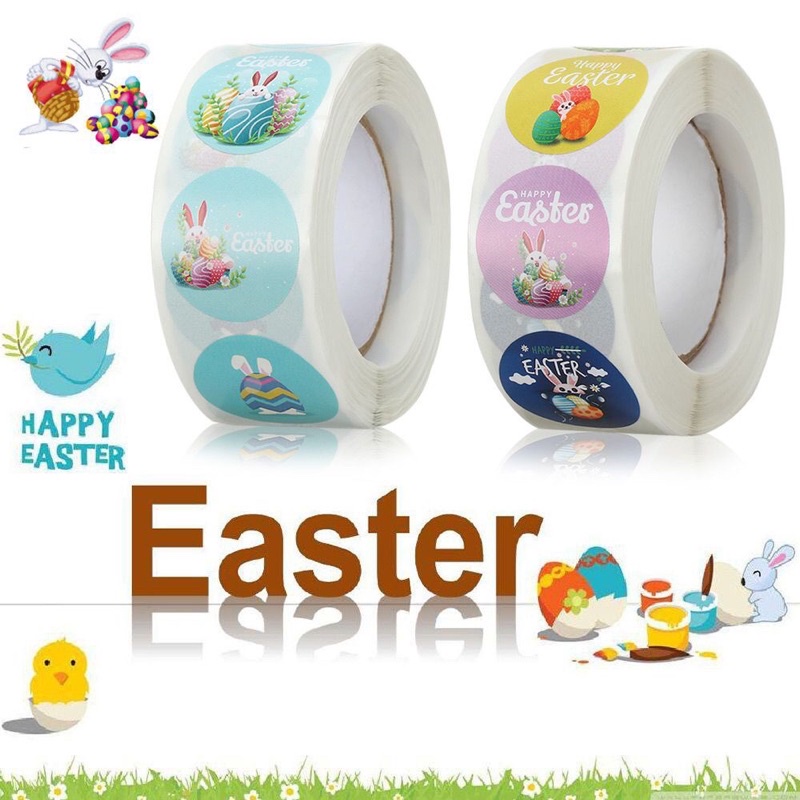 (Giao đơn từ 30k) 100 sticker tròn mừng Lễ Phục Sinh (Easter), có sẵn keo dán sẵn mặt sau dùng dán trứng, kẹo, bánh quy