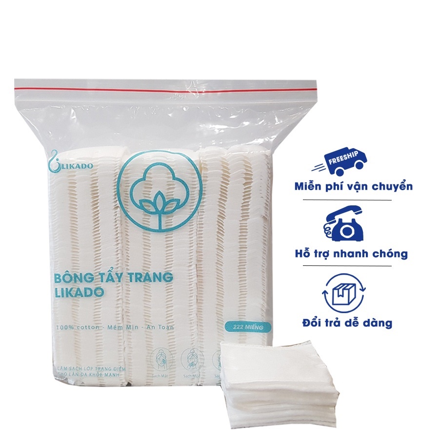 Bông tẩy trang 222 miếng Likado chất liệu Cotton túi 222 miếng 3 lớp dùng để tẩy trang sau khi trang điểm