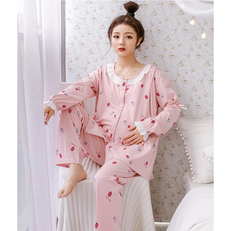 Đồ bộ bầu - sau sinh - chất liệu cotton mềm- mặc nhà thời trang mới ( Qủa dâu chấm sọc-Dài )
