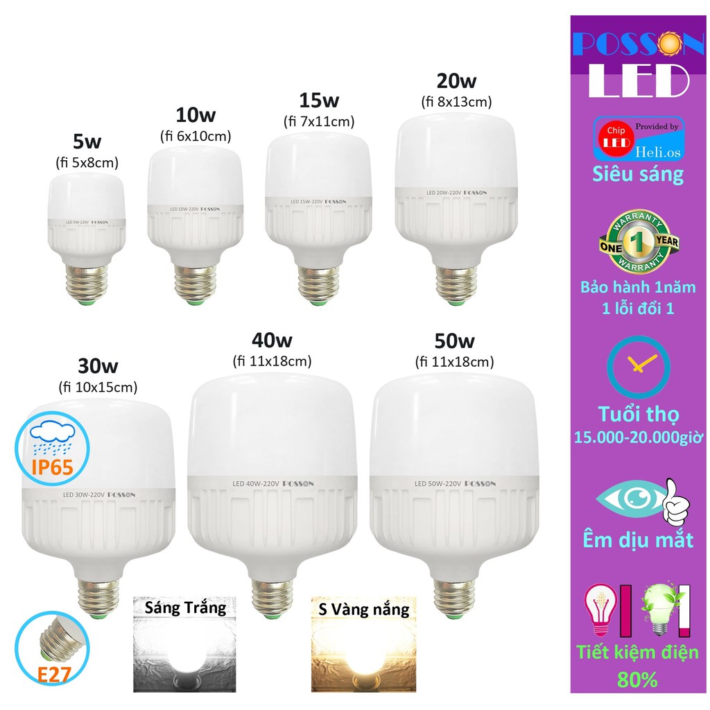 Bóng đèn Led trụ 5w 10w 15w 20w 30w 40w 50w bup trụ siêu sáng tiết kiệm điện kín chống nước Posson SG LC-5-50x