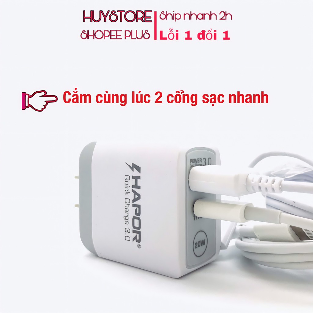 Củ sạc nhanh 2 cổng 20w Hapor, cục sạc nhanh type c - usb, chống cháy nổ - HuyStore