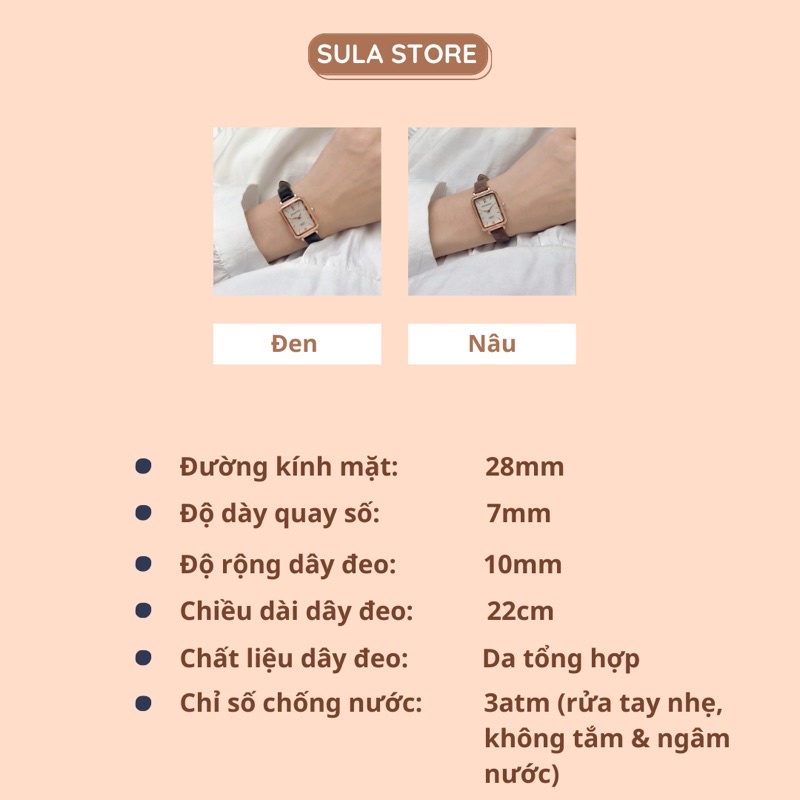 Đồng hồ nữ mặt chữ nhật nhỏ 26mm dây da SULAMIN đẹp phong cách vintage