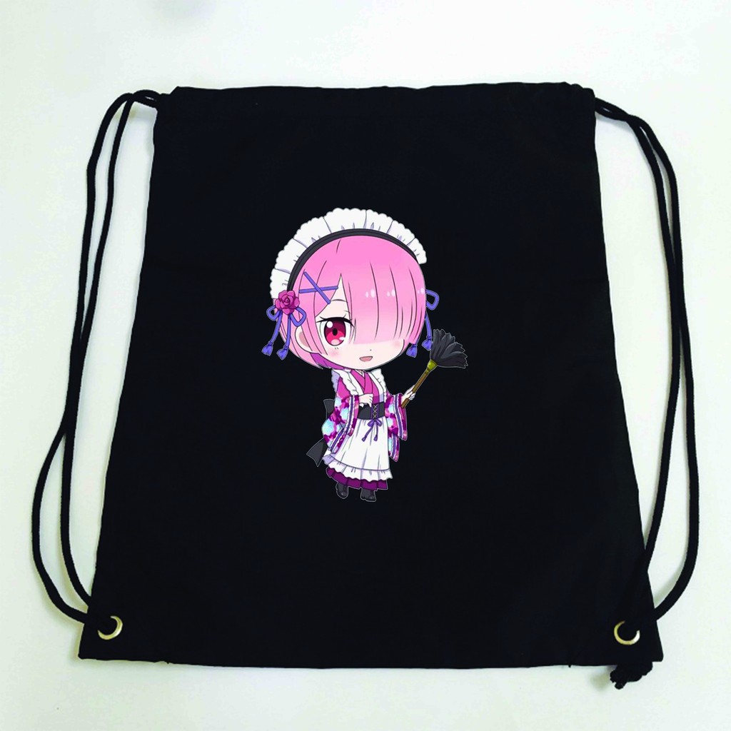 Balo dây rút đen in hình RE:ZERO Bắt Đầu Lại Ở Thế Giới Khác anime chibi túi rút đi học xinh xắn thời trang