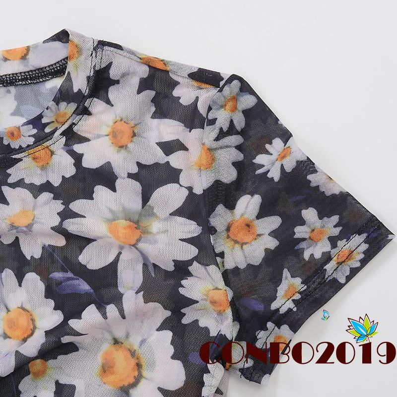 Đầm Lưới Tay Ngắn Cổ Tròn In Họa Tiết Hoa Cúc Xinh Xắn Thời Trang Cho Nữ