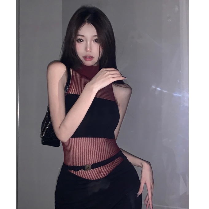 QKOOLE Áo croptop  dệt kim không tay cổ cao phong cách Hàn Quốc quyến rũ cho nữ