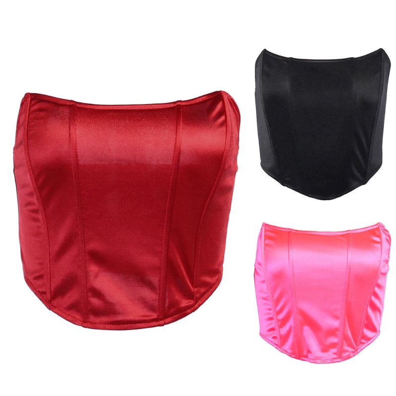 Xiangbao Áo Crop Top Không Dây Bằng Satin Màu Trơn Sáng Bóng Hở Vai Gợi Cảm Cho Nữ Und