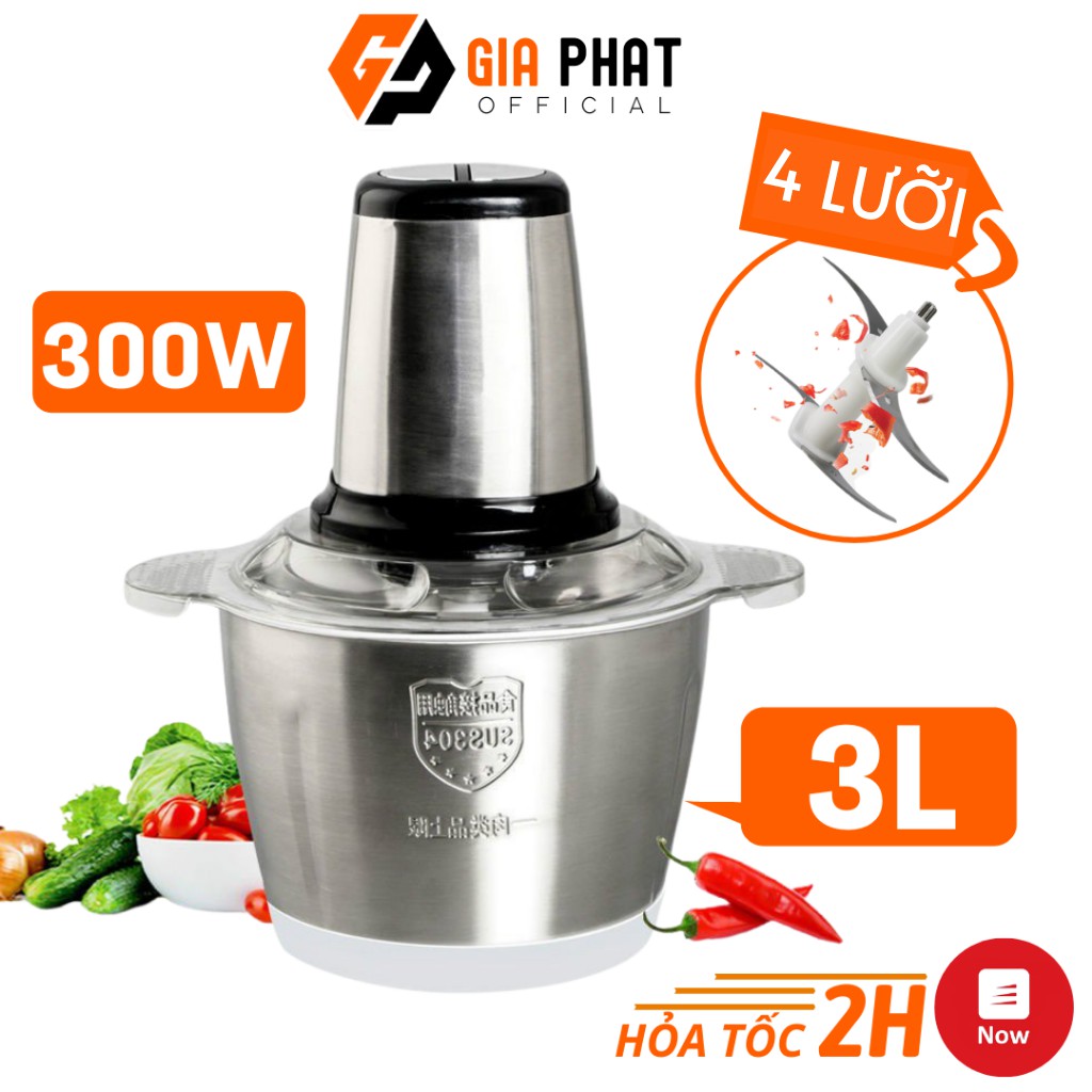 Máy Xay Thịt Cối Inox 3L Công Suất 300W, Cối Xay Thực Phẩm Đa Năng 4 Lưỡi Đa Năng