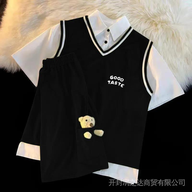 Set áo thun polo phối quần short màu xanh lá in hình gấu phong cách Hàn Quốc cao cấp Mùa Hè Cho Nữ