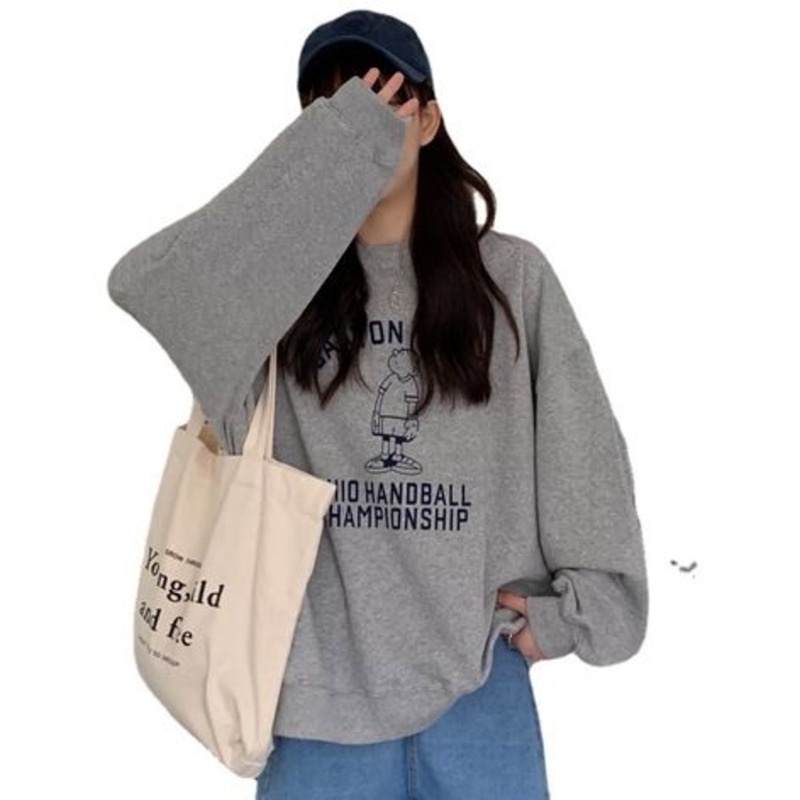 Áo Thun Nỉ Tay Dài Dáng Rộng In Họa Tiết Thời Trang Cho Nữ