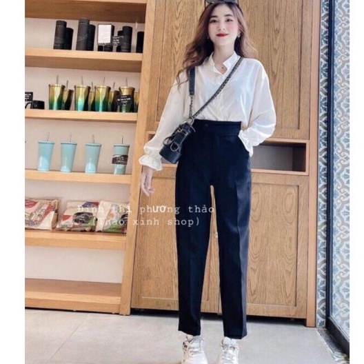 Quần tây đen đi học nữ lưng cao dáng dài cạp vạt khuy lệch có đai đỉa màu đen vải mềm Quần baggy nữ ống đứng công sở đẹp