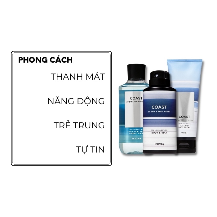 Bộ sản phẩm Sữa tắm gội Xịt thơm toàn thân hương nước hoa cho nam Bath and Body Works – COAST