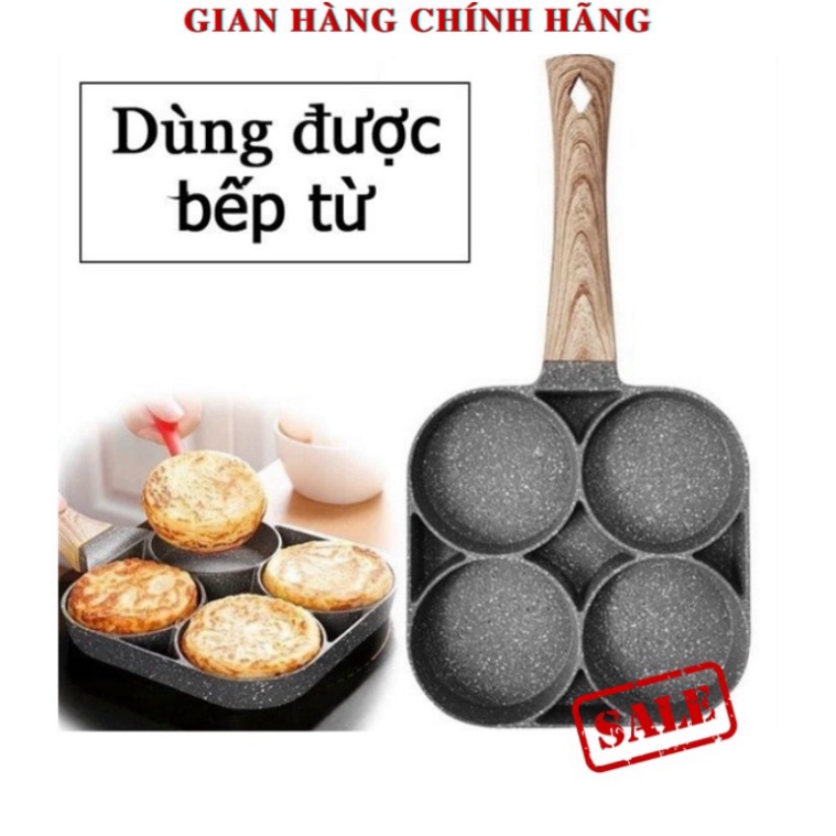 Chảo Chiên Rán Trứng Làm Bánh 4 Ngăn 4 Lỗ Chống Dính - Khuôn Chảo Chống Dính Tay Cầm Gỗ 4 ngăn nấu được mọi loại bếp