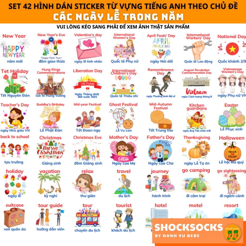🔥SET 42 miếng dán sticker từ vựng tiếng Anh chủ đề HOLIDAYS CÁC NGÀY LỄ TRONG NĂM 🔥