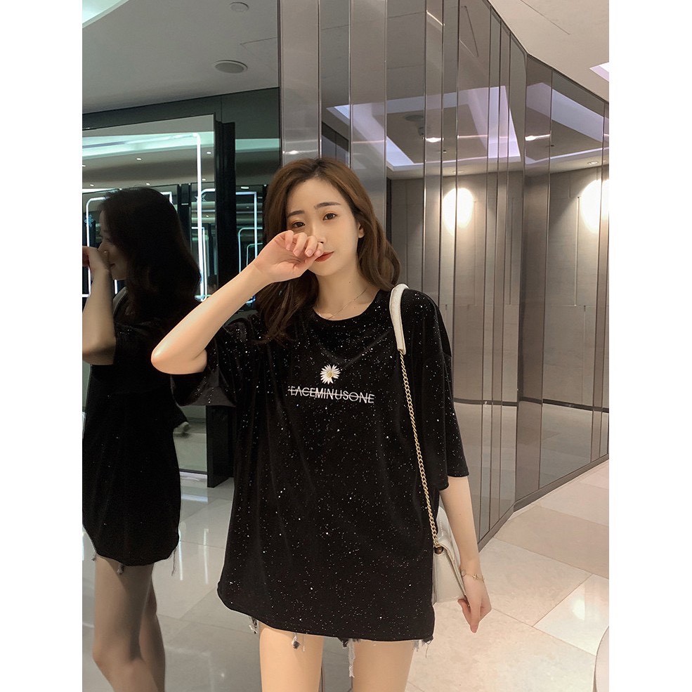 (CÓ SẴN) Áo Phông Dáng Rộng Nhũ Thêu Hoa Cúc áo thun unisex peaceminusome nhũ óng ánh