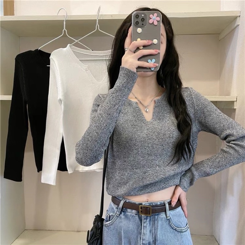 Top phụ nữ đầu mùa thu thiết kế cảm giác thích hợp áo phông 2021 mới ngắn tay cổ chữ V dài tay dệt kim hot girl | BigBuy360 - bigbuy360.vn