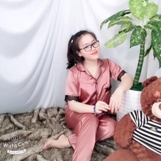 Pizama phi lụa ren tay ngắn quần dài