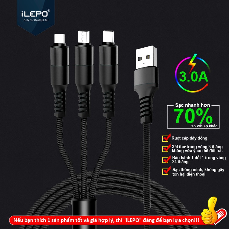 Cáp sạc 3 đầu đa năng Lightning, Micro, Type C siêu bền, tiện lợi, dài 1m2 bảo hành 12 tháng ILEPO IL17