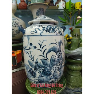 Hũ đựng gạo vẽ cảnh sen cá gốm Gia Hưng Bát Tràng
