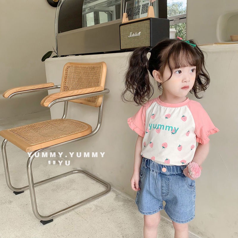 Áo Thun Tay Ngắn Phong Cách Công Chúa Hàn Quốc Nhật Bản Hàn Quốc Họa Tiết Dâu Tây Dễ Thương Cho Bé Gái