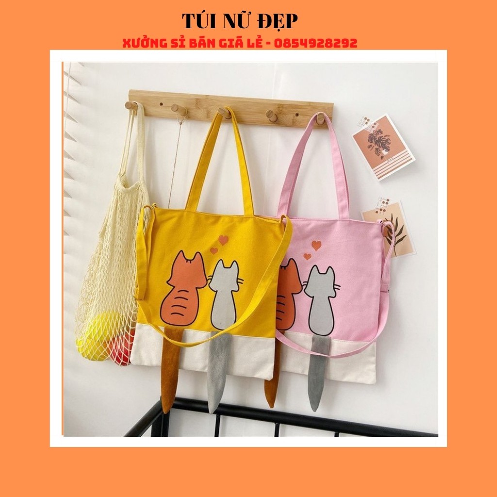 Túi tote canvas hàng quảng châu hình mèo đẹp