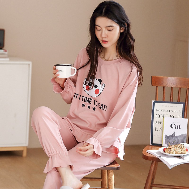 Bộ Đồ Ngủ Pijama Dài Tay In Hình Gấu Dễ Thương Phong Cách Hàn Quốc Cho Nữ