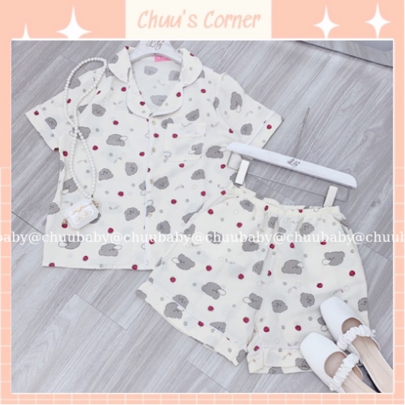Đồ ngủ nữ, đồ bộ mặc nhà, pijama tay cộc quần đùi vải đũi xốp hoạ tiết dễ thương