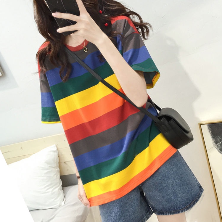 Áo Thun Tay Ngắn Cổ Tròn Dáng Rộng Họa Tiết Kẻ Sọc Cầu Vồng Thời Trang Mùa Hè Cho Nữ Size M-2XL