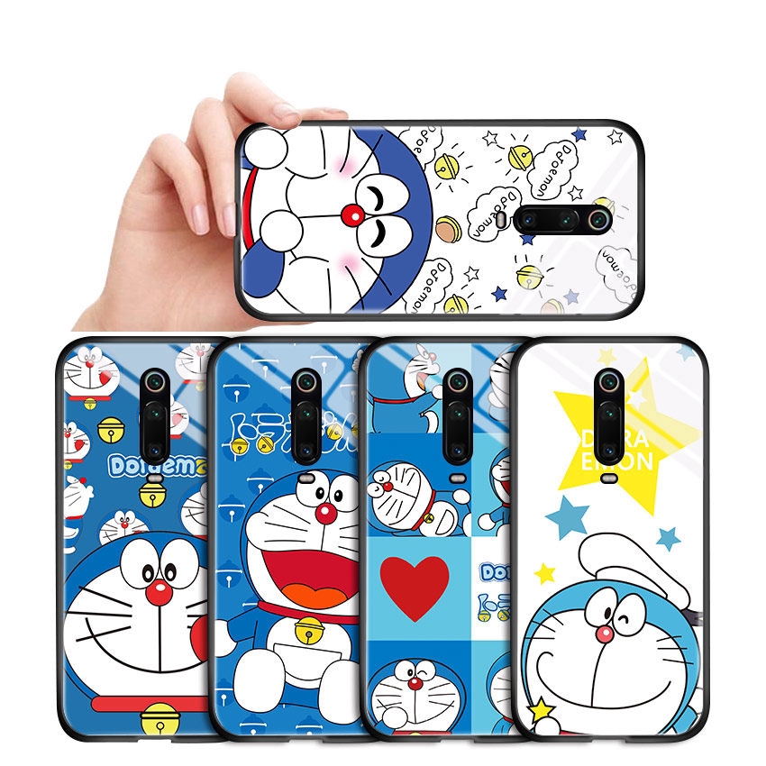 Ốp điện thoại Doraemon mặt kính cường lực cứng cho Xiaomi Poco F2 Pro Redmi 7 7A 8 8A Mi GO K20 Pro K30 Pocophone
