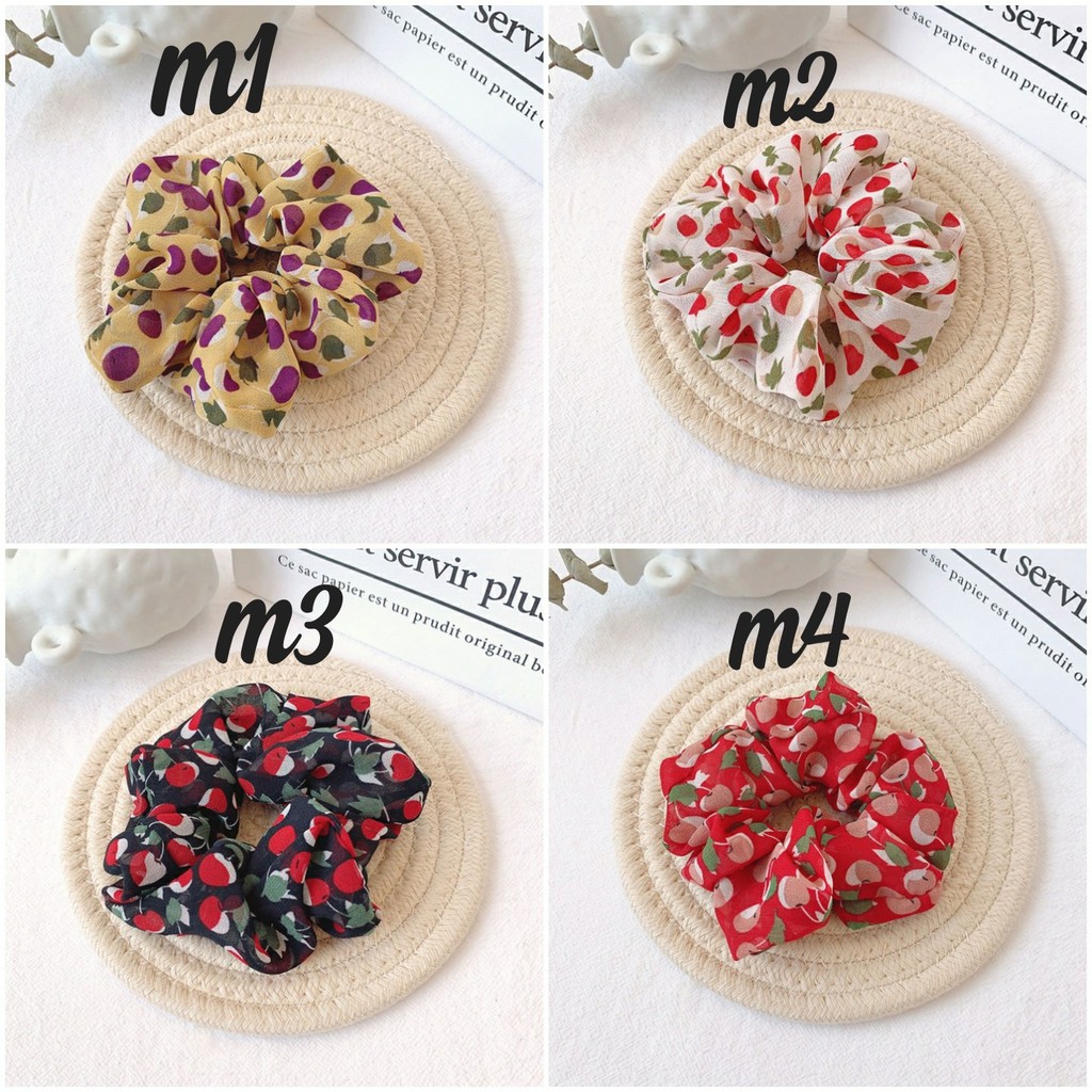 Dây buộc tóc vải scrunchies vải voan họa tiết trái táo