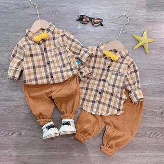 Set áo sơ mi kẻ quần nhung nâu bé trai