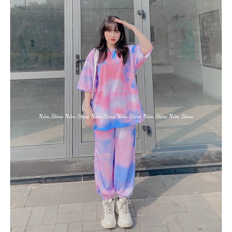Set áo loang tie dye tay lở kèm quần jogger trơn dài ống rộng loang unisex nam nữ đủ màu - Set thể thao loang