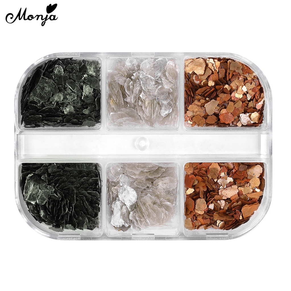 MONJA Hộp 6 ngăn đựng hạt phụ kiện 3D lấp lánh trang trí móng tay
