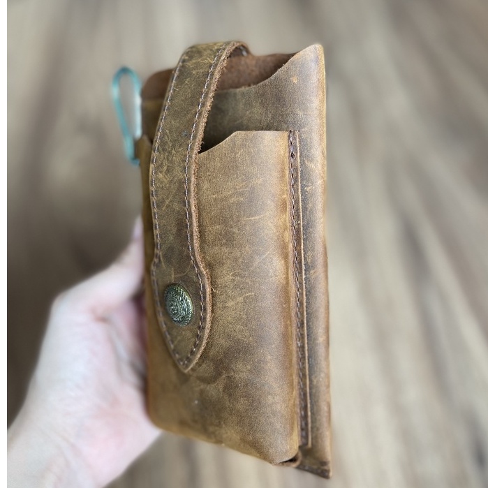 Bao da bò thật đựng 2 điện thoại hoặc bao thuốc, Bao da đeo thắt lưng Handmade da bò sáp thật 100%