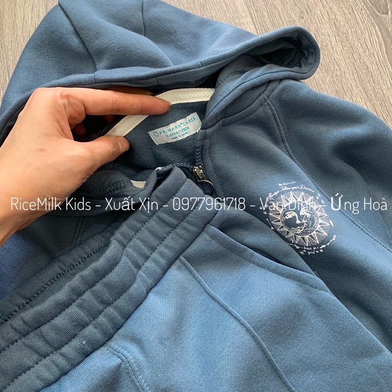 Bộ nỉ bông mẹ và bé khoá kéo màu xanh