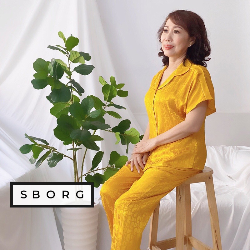 Đồ bộ trung niên SBORG bộ pijama gấm tay liền họa tiết sang trọng quần dài có túi freesize dưới 55kg quà tặng mẹ