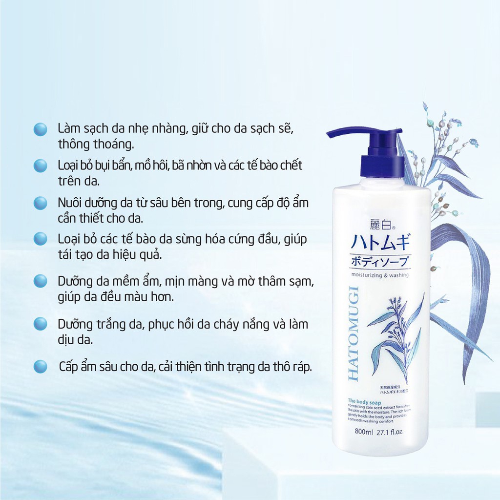 Sữa tắm dưỡng ẩm tinh chất Hạt Ý Dĩ Reihaku Hatomugi Body Soap nhập khẩu chính hãng từ Nhật Bản 800ml