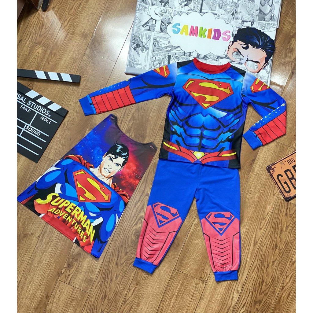 Quần áo siêu nhân SUPERMAN CƠ BẮP 3D DÀI TAY- tặng kèm phụ kiện mặt nạ và áo choàng