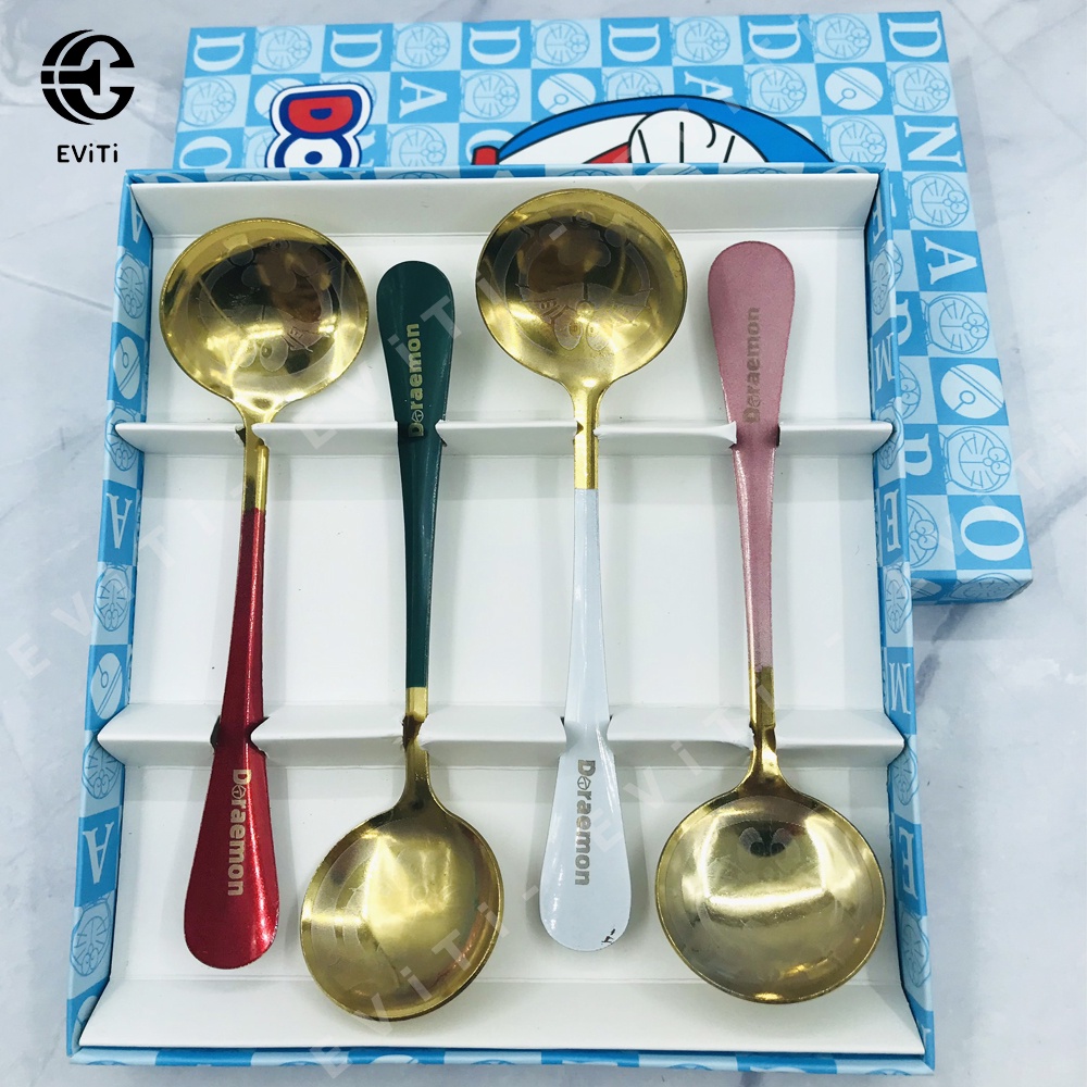 Set 4 thìa Doraemon - Muỗng mạ vàng kèm hộp siêu cute (có video)