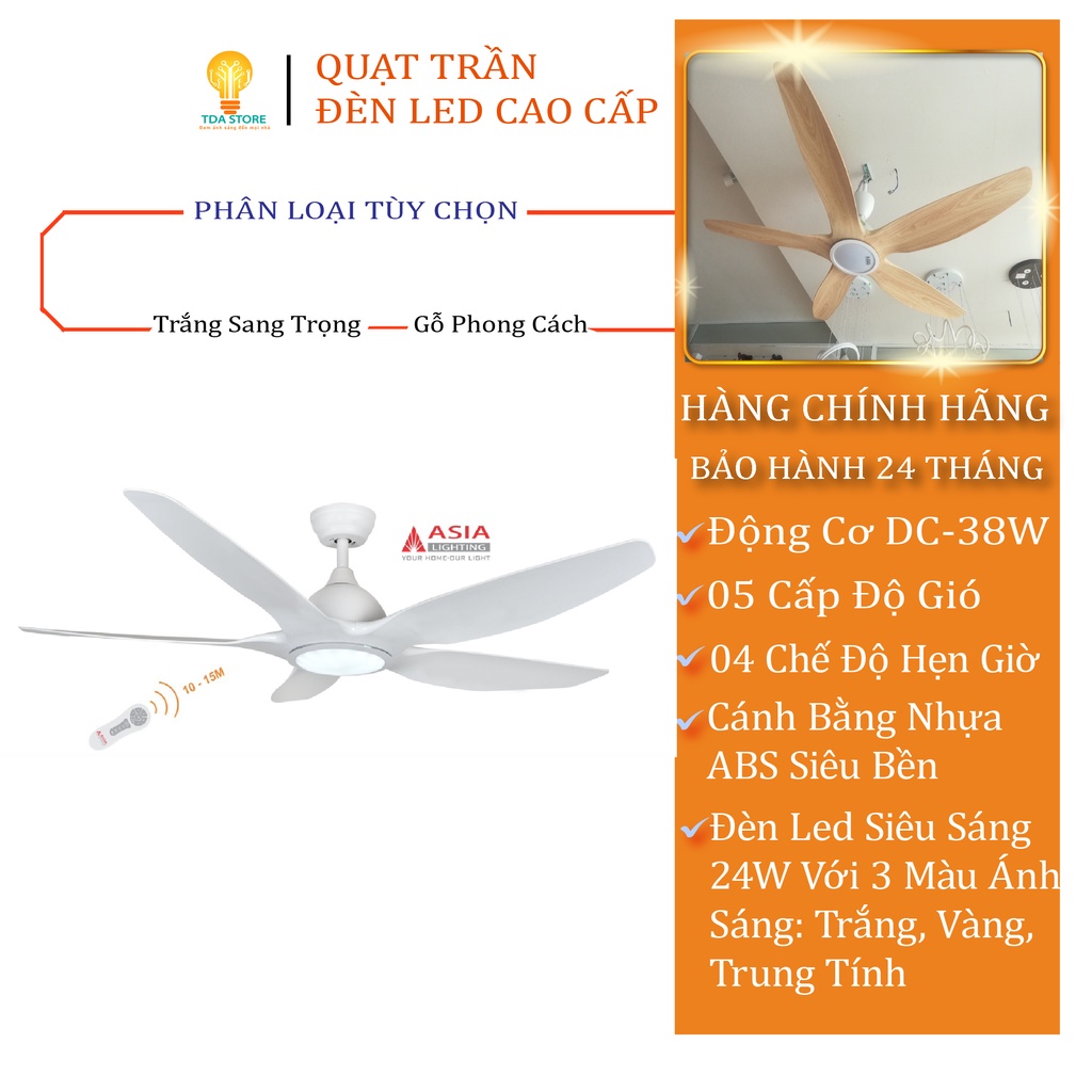 Quạt trần đèn led Asia Lighting quạt trần 5 cánh nhựa ABS siêu bền điều khiển từ xa 5 cấp độ gió đảo chiều 3 chế độ sáng