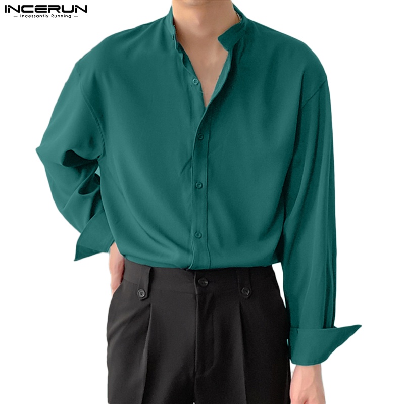 Áo sơ mi INCERUN tay dài cài nút màu trơn cỡ lớn thời trang trẻ trung dành cho nam