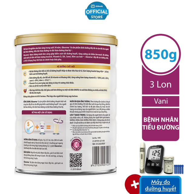 [Nhập GRO1AB521 giảm 4%] [Tặng Máy đo đường huyết] Bộ 03 lon Sữa bột cho người tiểu đường Glucerna 850g/lon