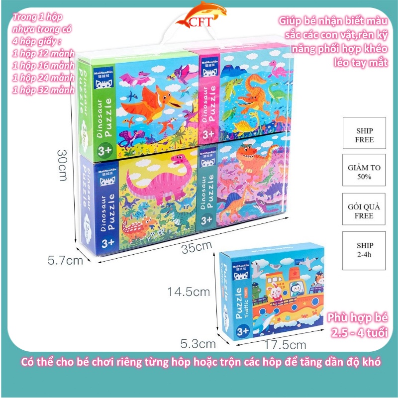 Xếp hình  cho bé từ 2 tuổi bộ ghép hình puzzle 4 cấp độ với 3 chủ đề ô tô khủng long bốn mùa
