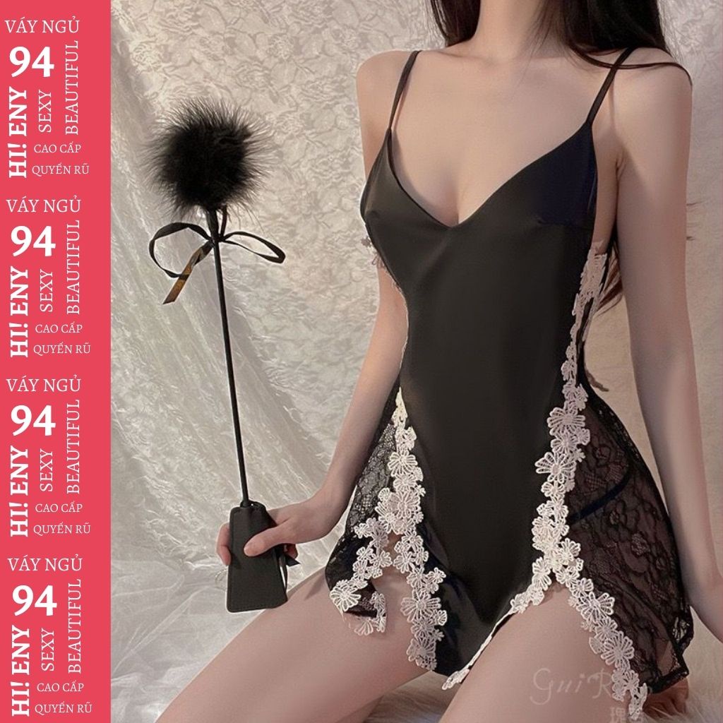 Đầm ngủ 2 dây sexy xuyên thấu Váy ngủ lụa phối ren gợi cảm xẻ tà 2 bên kèm quần chíp M53