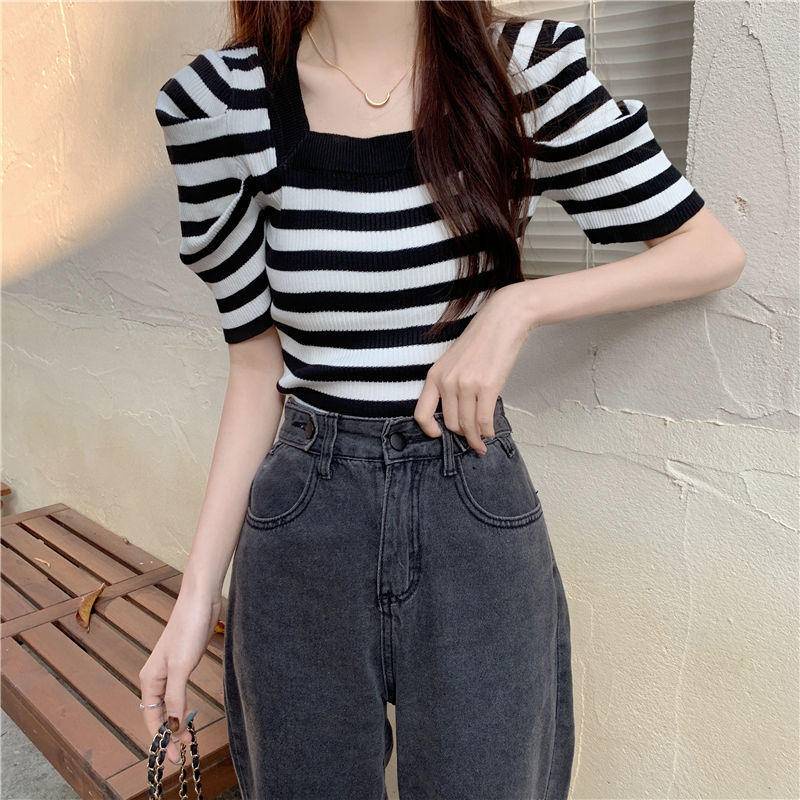 Áo Dệt Kim Tay Phồng Ngắn Cổ Vuông Dáng Ôm Kiểu Pháp Thời Trang Cho Nữ